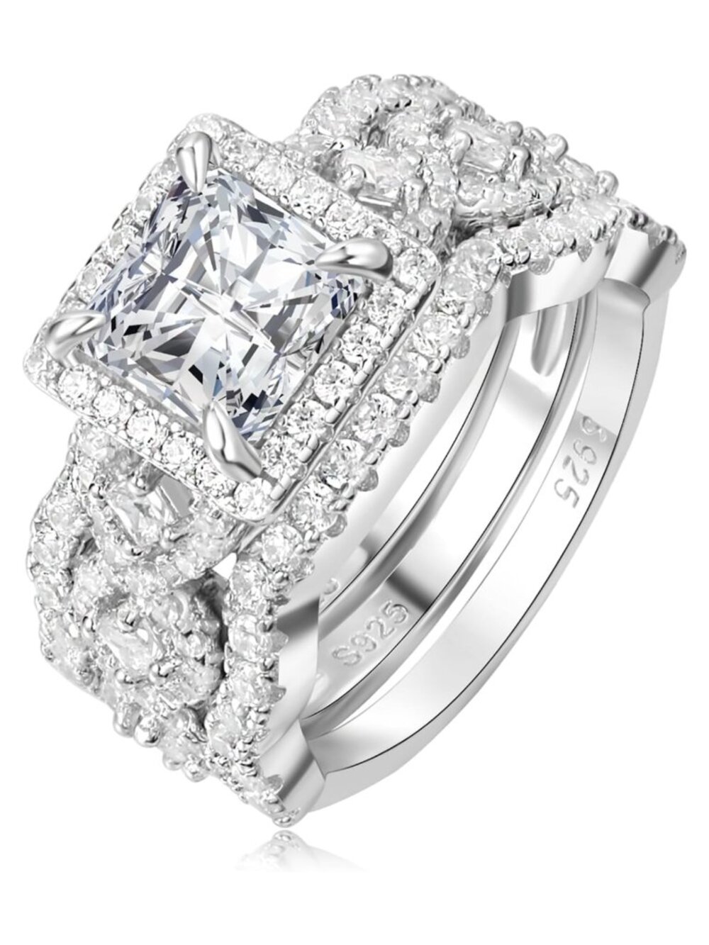 Princess Cut Cubic Zirconia Halo Bridal Ring Set 925 Sterling Silver